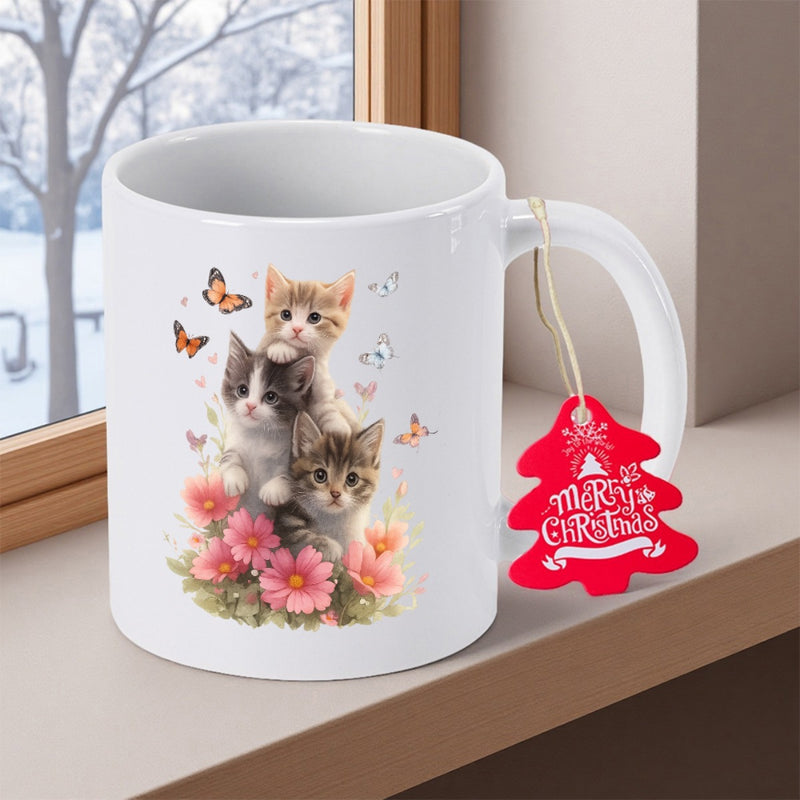 Tailorly White Ceramic 11 oz Mug - Merry Christmas Three Adorable Small Kittens Sitting Among Blossoming Pink Floral Garden Cat