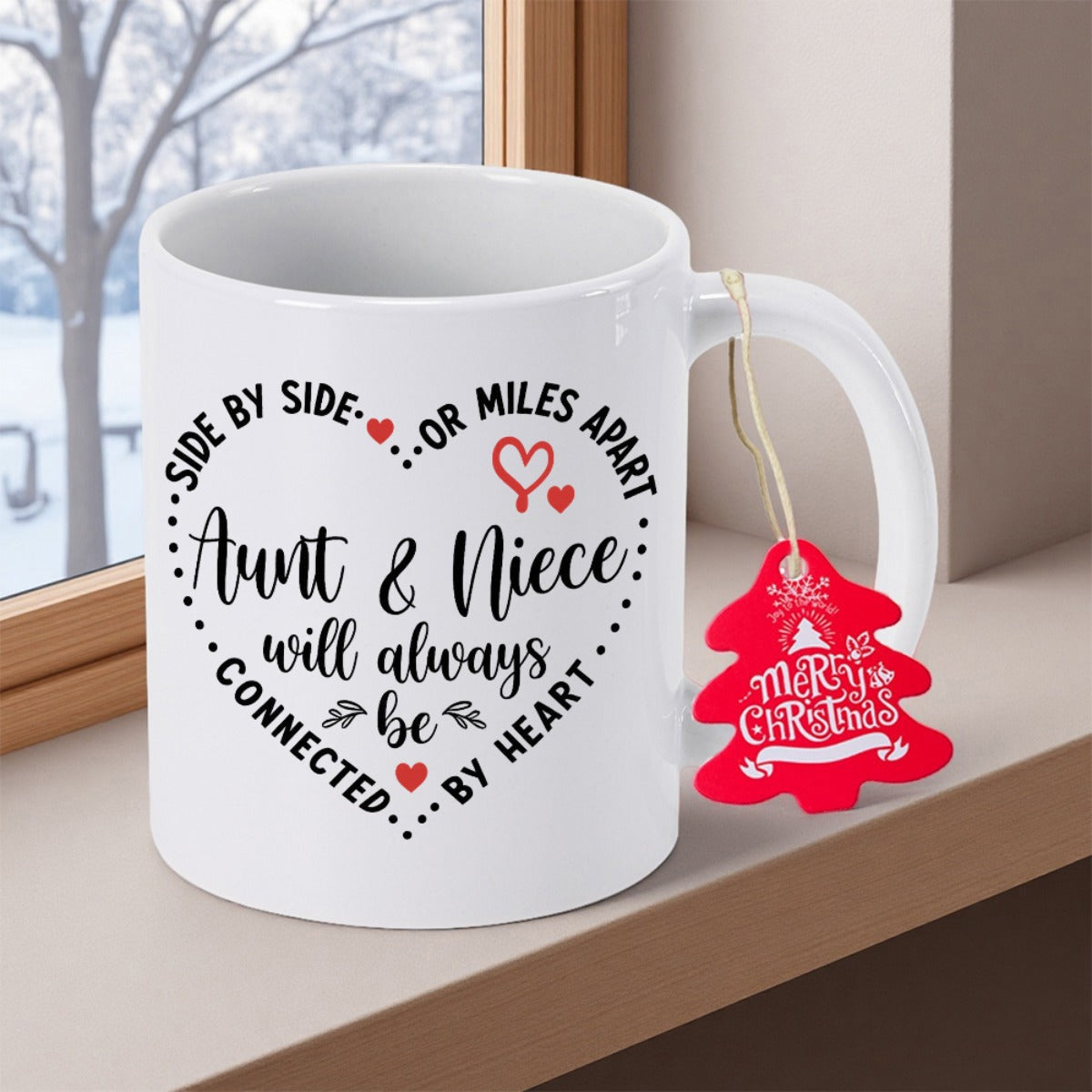 Tailorly White Ceramic 11 oz Mug - Side By Side Or Miles Apart Aunt Niece Will Always Be Connected By Heart Elegant Minimalist Dotted Outline Featuring Delicate