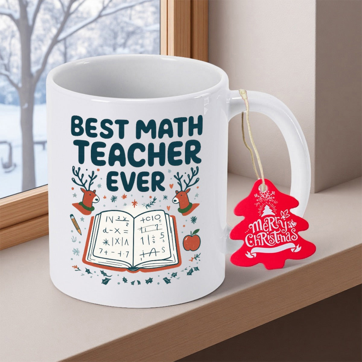 Tailorly White Ceramic 11 oz Mug - Best Math Teacher Ever Open Math Textbook Surrounded By Christmas Stockings Pencil And Red Apple Mug