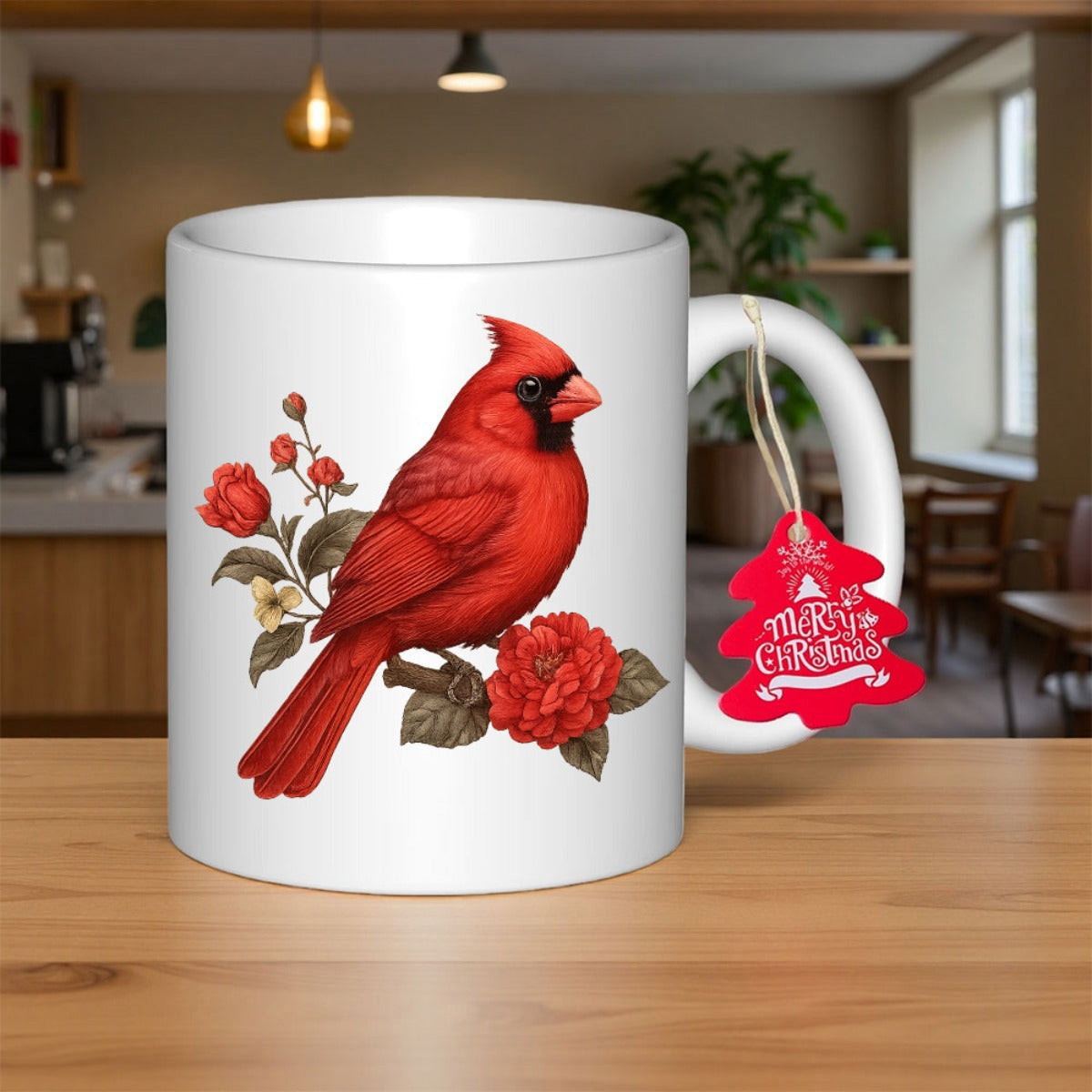 Tailorly White Ceramic 11 oz Mug - Merry Christmas Vibrant Red Cardinal Resting On Branches With Blooming Summer Rose Cardinal