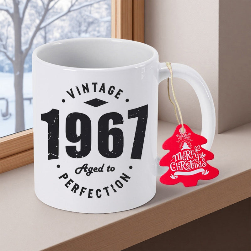 Tailorly White Ceramic 11 oz Mug - Vintage 1967 Aged To Perfection Merry Christmas Distressed Retro Style Commemorative Anniversary Birthday Typography Design Mug