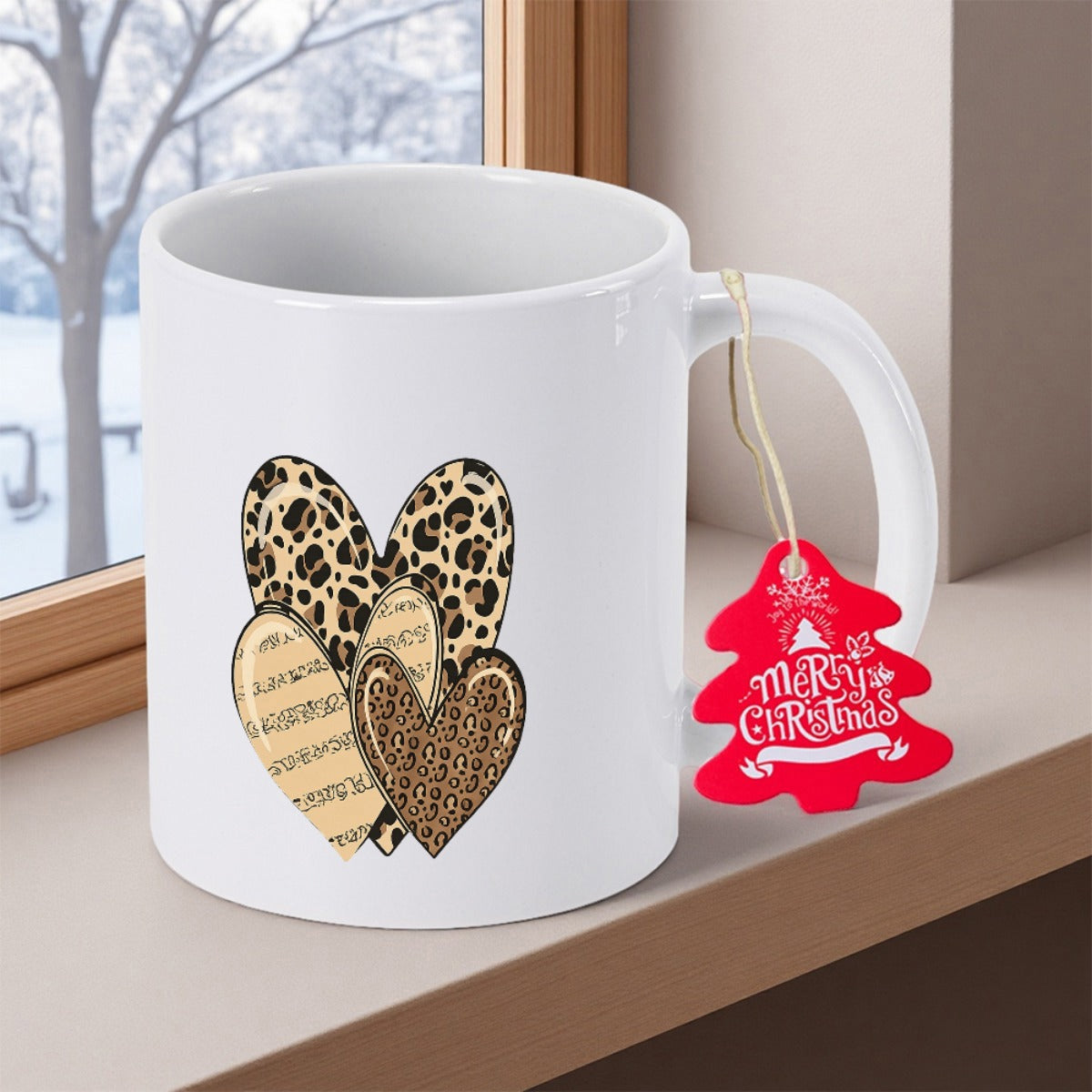 Tailorly White Ceramic 11 oz Mug - Merry Christmas Stylized Decorative Hearts With Leopard Print And Musical Staff Patterns Heart