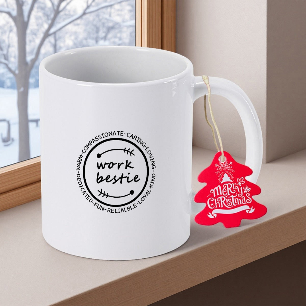Tailorly White Ceramic 11 oz Mug - Work Bestie Merry Christmas Minimalist Circular Emblem Displaying Positive Attributes Beside A Festive Tree Tag Mug