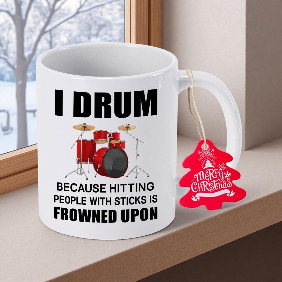 Tailorly White Ceramic 11 oz Mug - I Drum Because Hitting People With Sticks Is Frowned Upon Detailed Red Musical Percussion Instrument Set With Cymbals And High