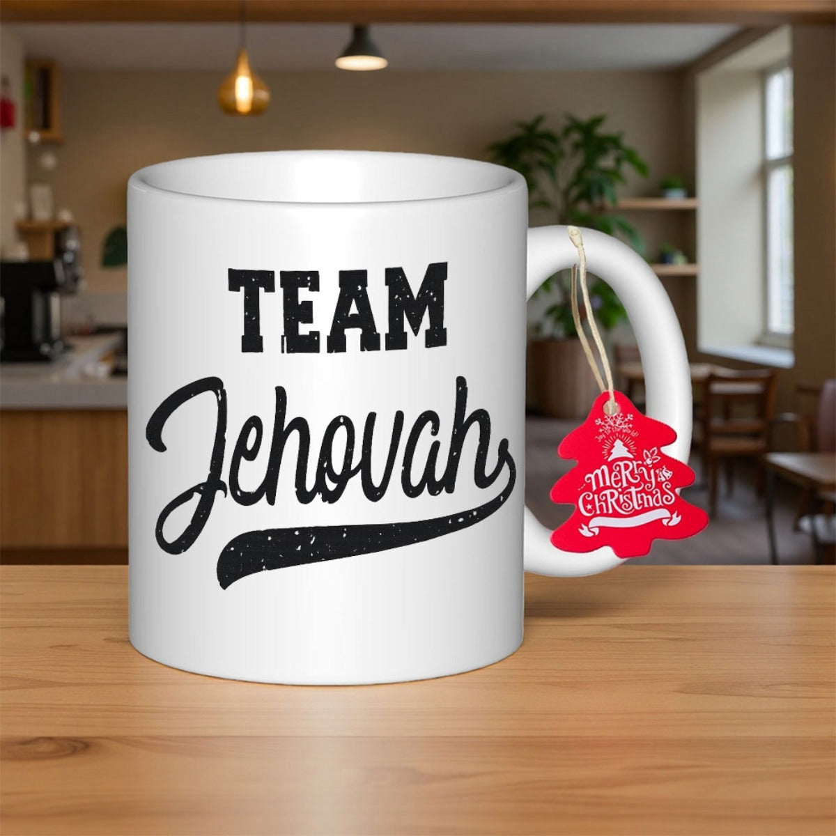 Tailorly White Ceramic 11 oz Mug - Team Jehovah Bold Distressed Block Letters Combined With Elegant Script Style Typography