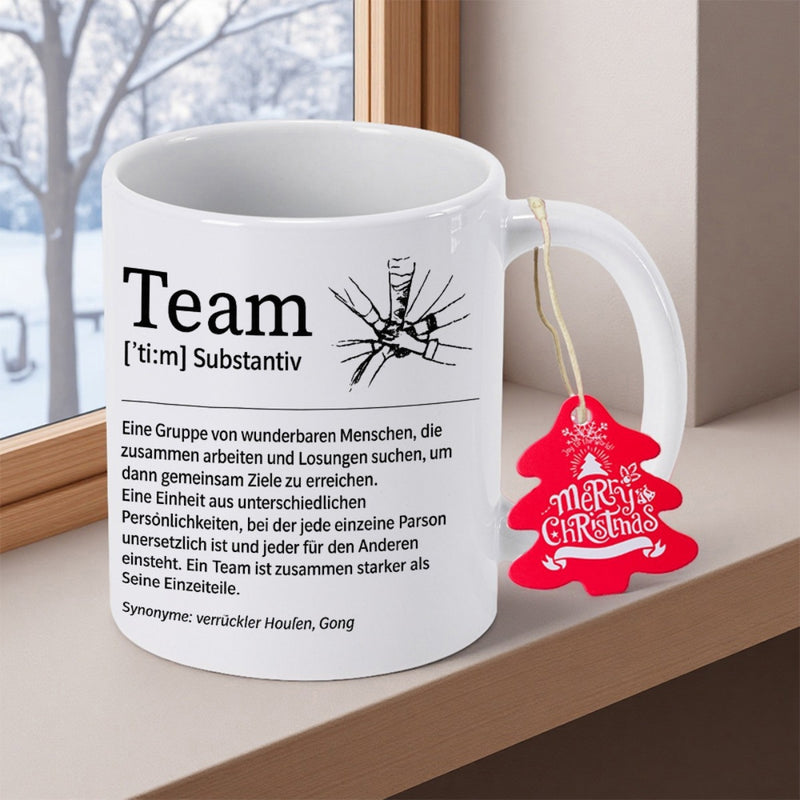 Tailorly White Ceramic 11 oz Mug - Team Minimalist Black Ink Line Art Illustrating United Stacked Supporting Hands