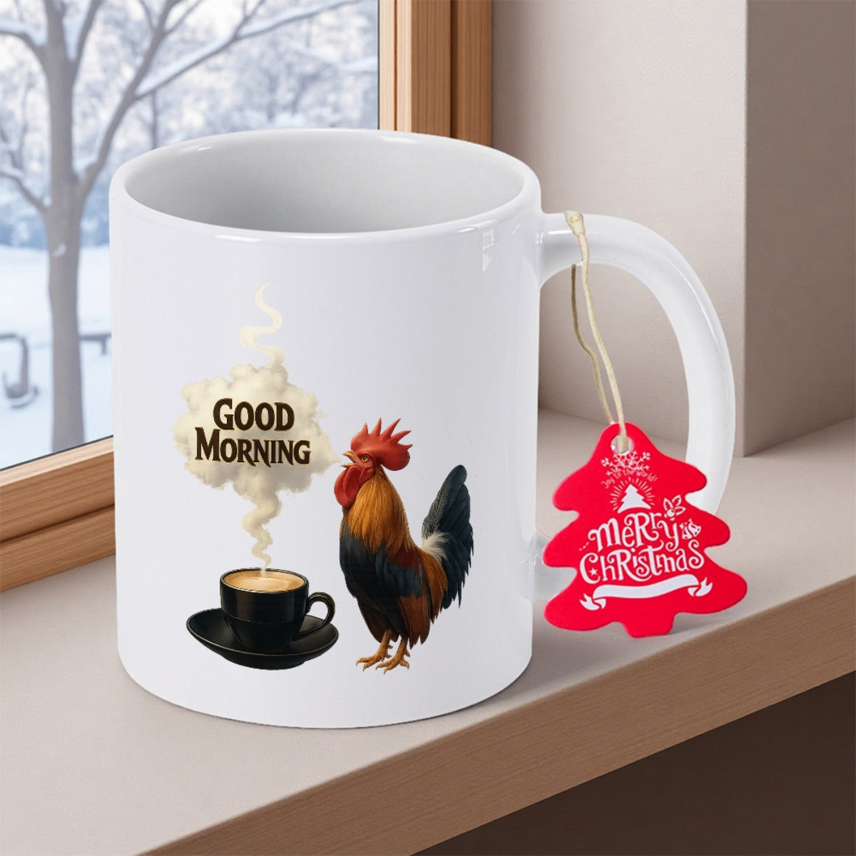 Tailorly White Ceramic 11 oz Mug - Good Morning Proud Colorful Crowing Rooster Beside A Steaming Cup Of Hot Coffee Rooster