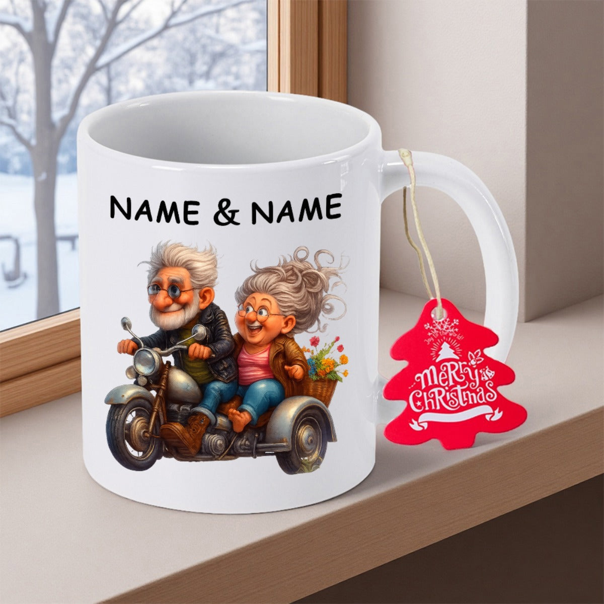 Tailorly White Ceramic 11 oz Mug - Name Name Cheerful Elderly Couple Riding A Vintage Motorcycle With Sidecar Motorcycle