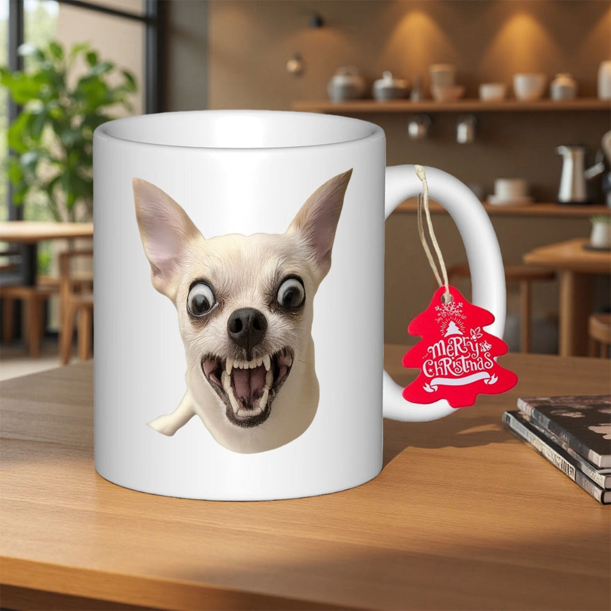 Tailorly White Ceramic 11 oz Mug - Merry Christmas Funny Expressive Tiny Dog Face Showing Teeth With Wide Alert Eyes Chihuahua