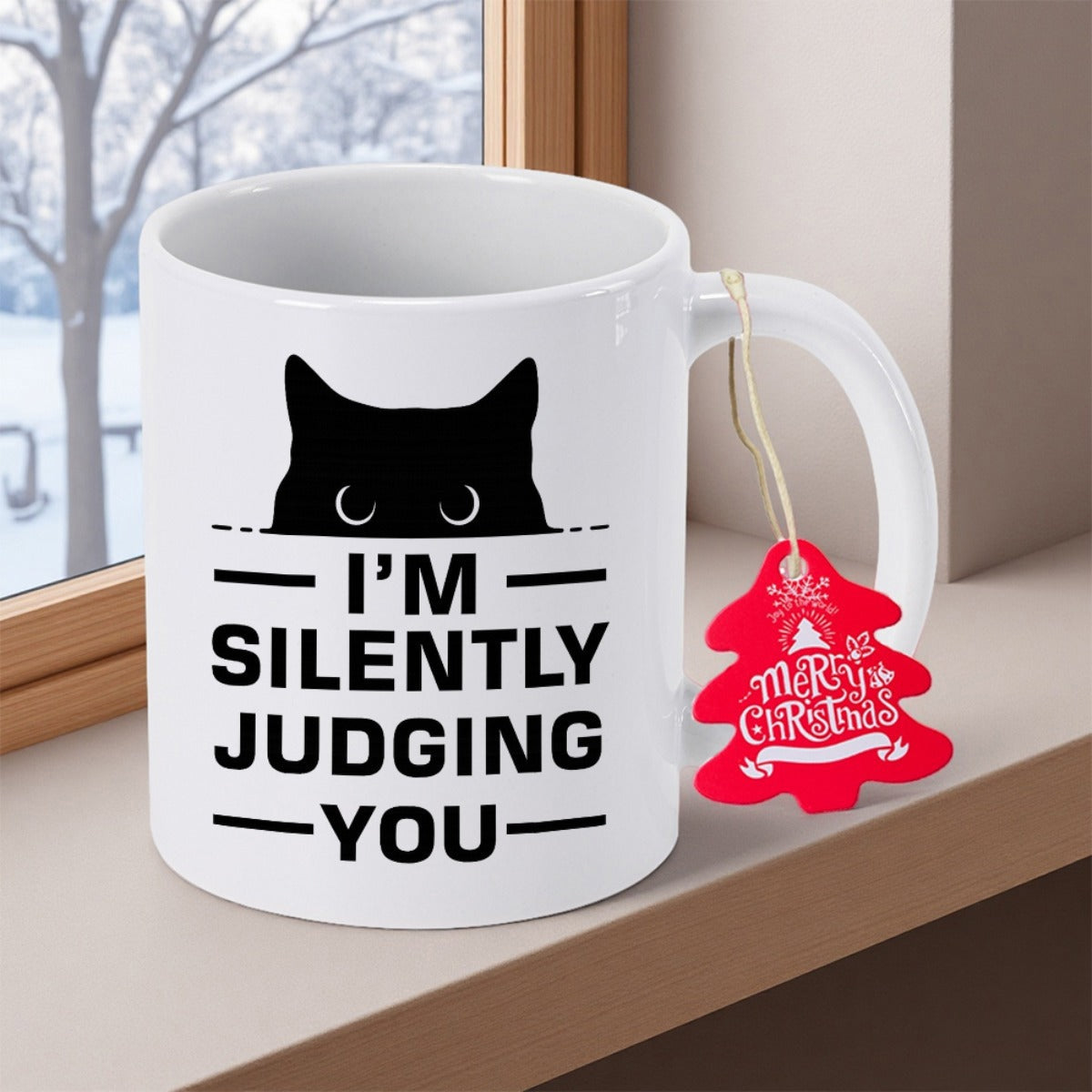 Tailorly White Ceramic 11 oz Mug - Im Silently Judging You Sleek Black Peeking Silhouette Of A Curious Watching House Cat
