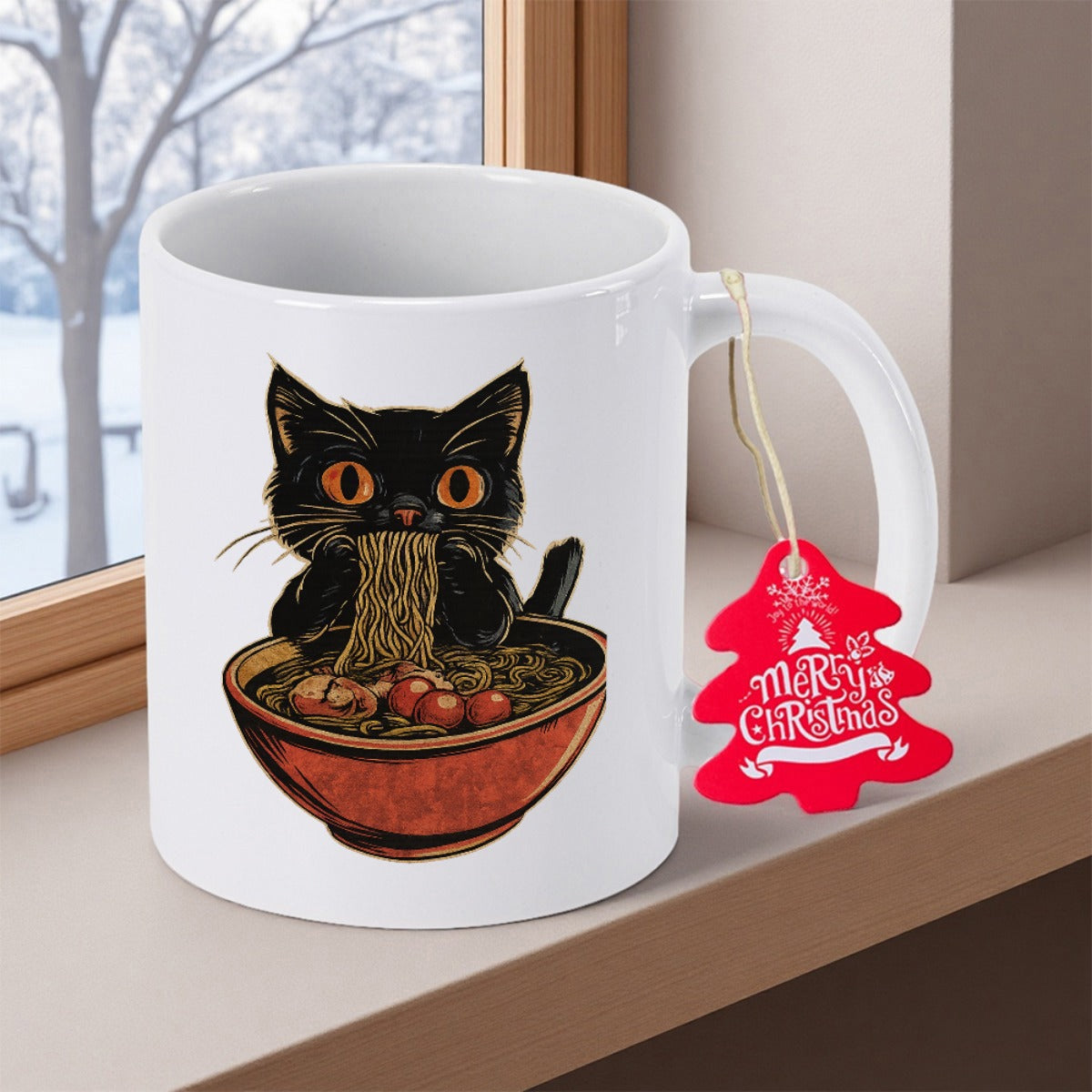 Tailorly White Ceramic 11 oz Mug - Adorable Black Kitten Eating Long Ramen Noodles From Large Bowl Cat
