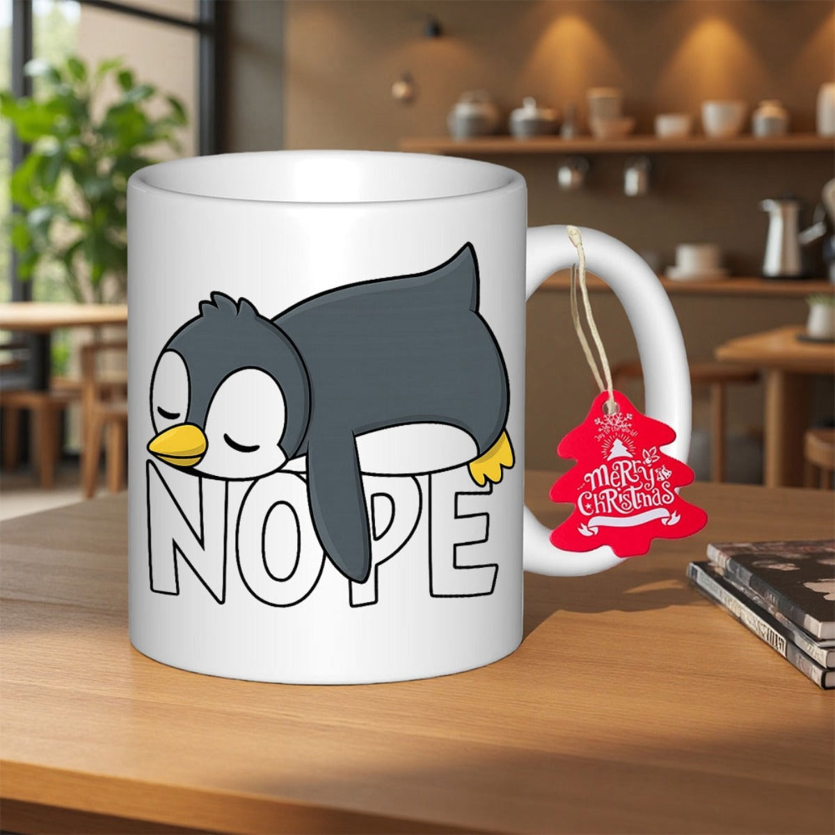 Tailorly White Ceramic 11 oz Mug - Nope Adorable Lazy Cartoon Penguin Sleeping Peacefully On Top Of Bold Letters Penguin