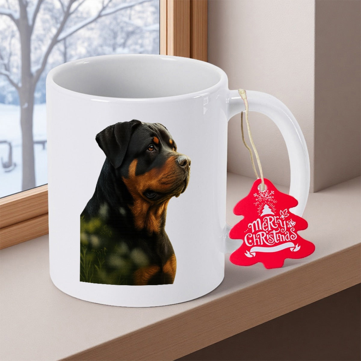 Tailorly White Ceramic 11 oz Mug - Merry Christmas Realistic Portrait Of A Loyal Rottweiler Looking Out Of Snowy Window Dog