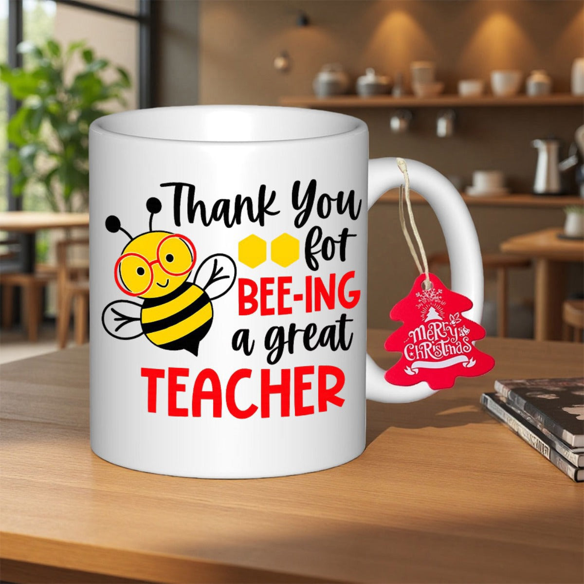 Tailorly White Ceramic 11 oz Mug - Thank You For Bee-ing A Great Teacher Cheerful Cartoon Character Wearing Orange Glasses Beside Golden Hexagon Honeycomb Bee