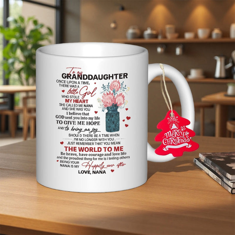 Tailorly White Ceramic 11 oz Mug - To My Granddaughter Love Nana The World To Me Blooming Pink Flowers Inside A Vintage Blue Jar With Little Hearts Flower