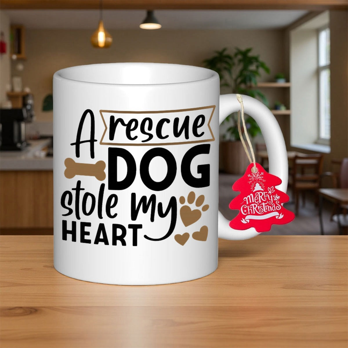 Tailorly White Ceramic 11 oz Mug - A Rescue Dog Stole My Heart Minimalist Bone Paw Print And Floating Hearts With Banner Dog