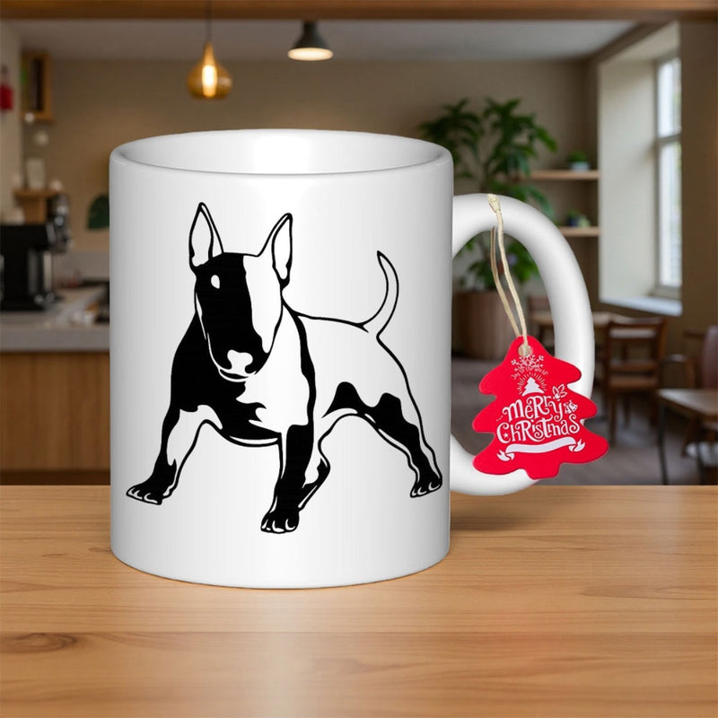 Tailorly White Ceramic 11 oz Mug - High Contrast Minimalist Black And White Silhouette Of A Standing Strong Bull Terrier