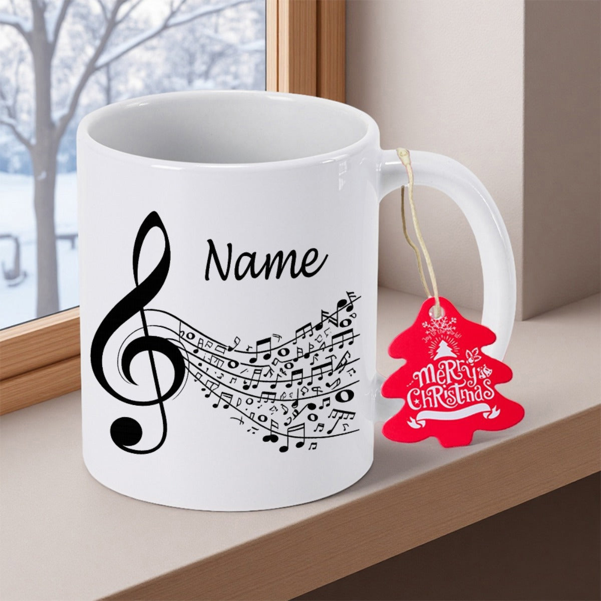 Tailorly White Ceramic 11 oz Mug - Name Merry Christmas Elegant Artistic Melody Flowing With Rhythmic Musical Notation Symbols Treble Clef