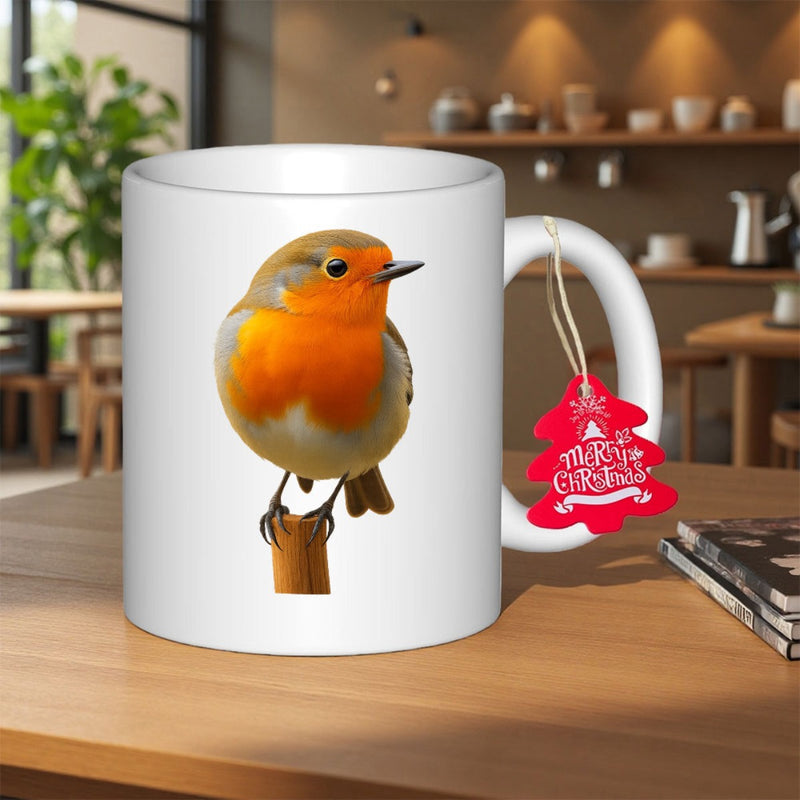 Tailorly White Ceramic 11 oz Mug - Merry Christmas Vibrant Realistic European Robin Perched Gracefully On A Branch Robin