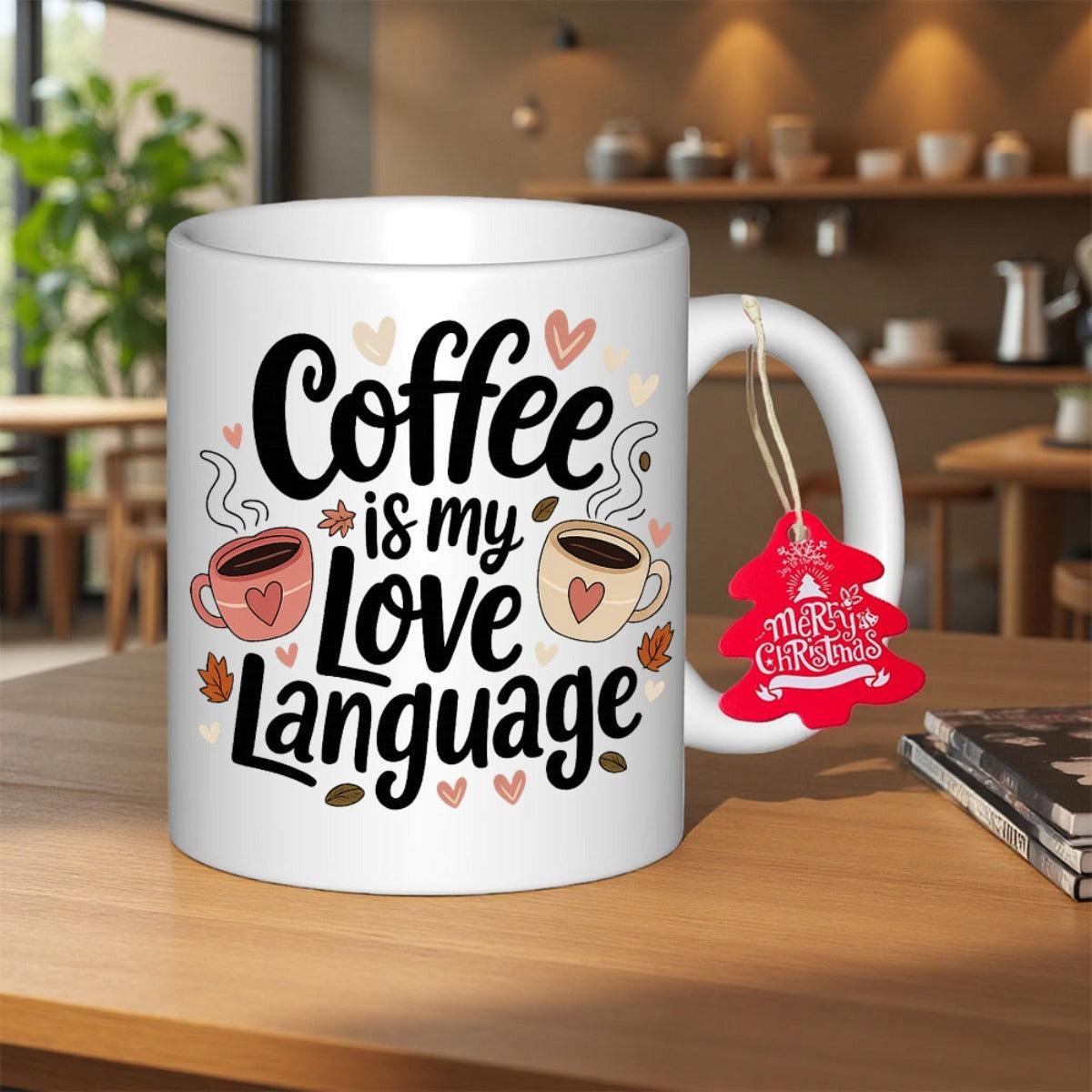 Tailorly White Ceramic 11 oz Mug - Coffee Is My Love Language Merry Christmas Artistic Script Font With Decorative Hearts And Two Steaming Coffee Cups Mug