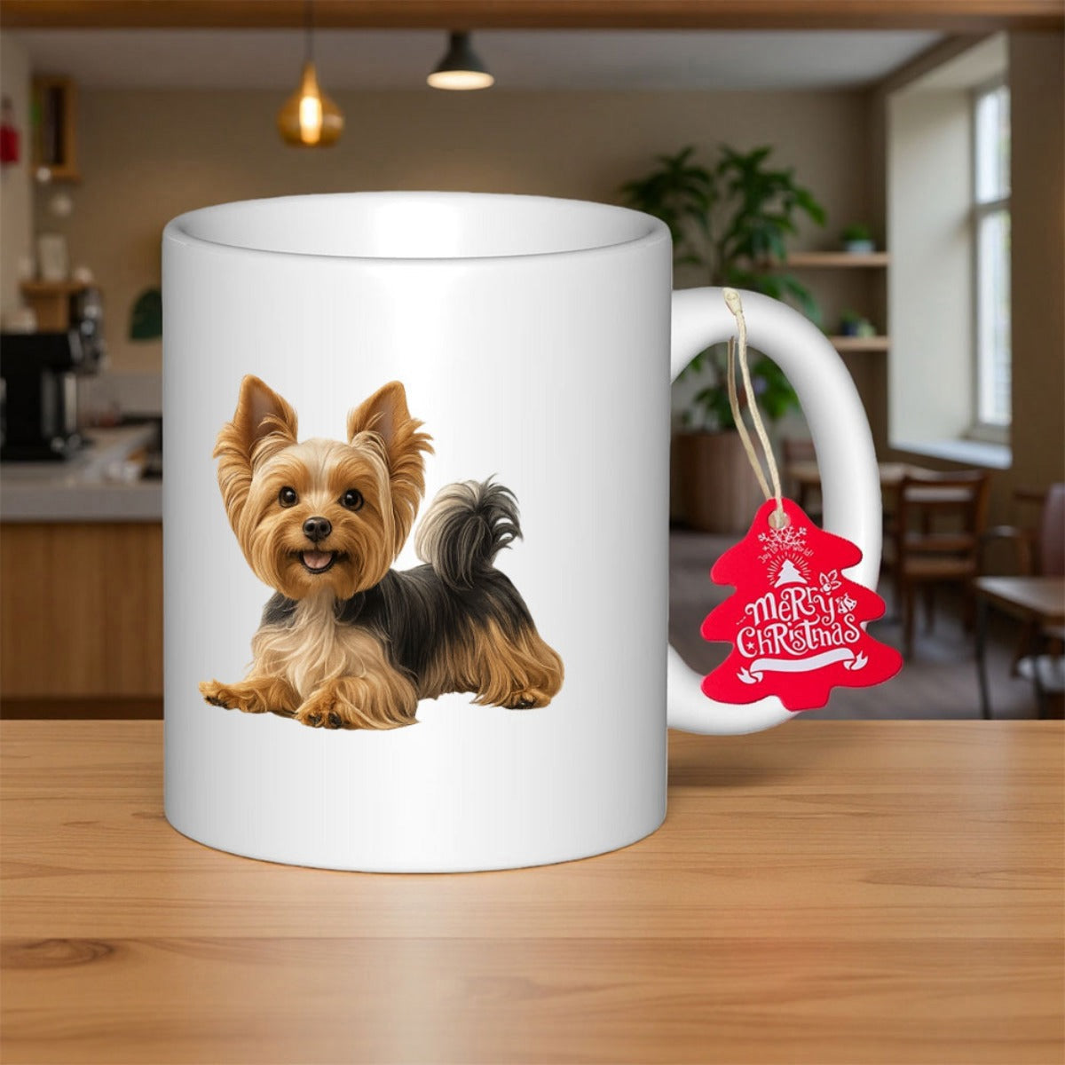 Tailorly White Ceramic 11 oz Mug - Merry Christmas Adorable Long Haired Yorkshire Terrier Sitting On Pure White Minimalist Surface Dog