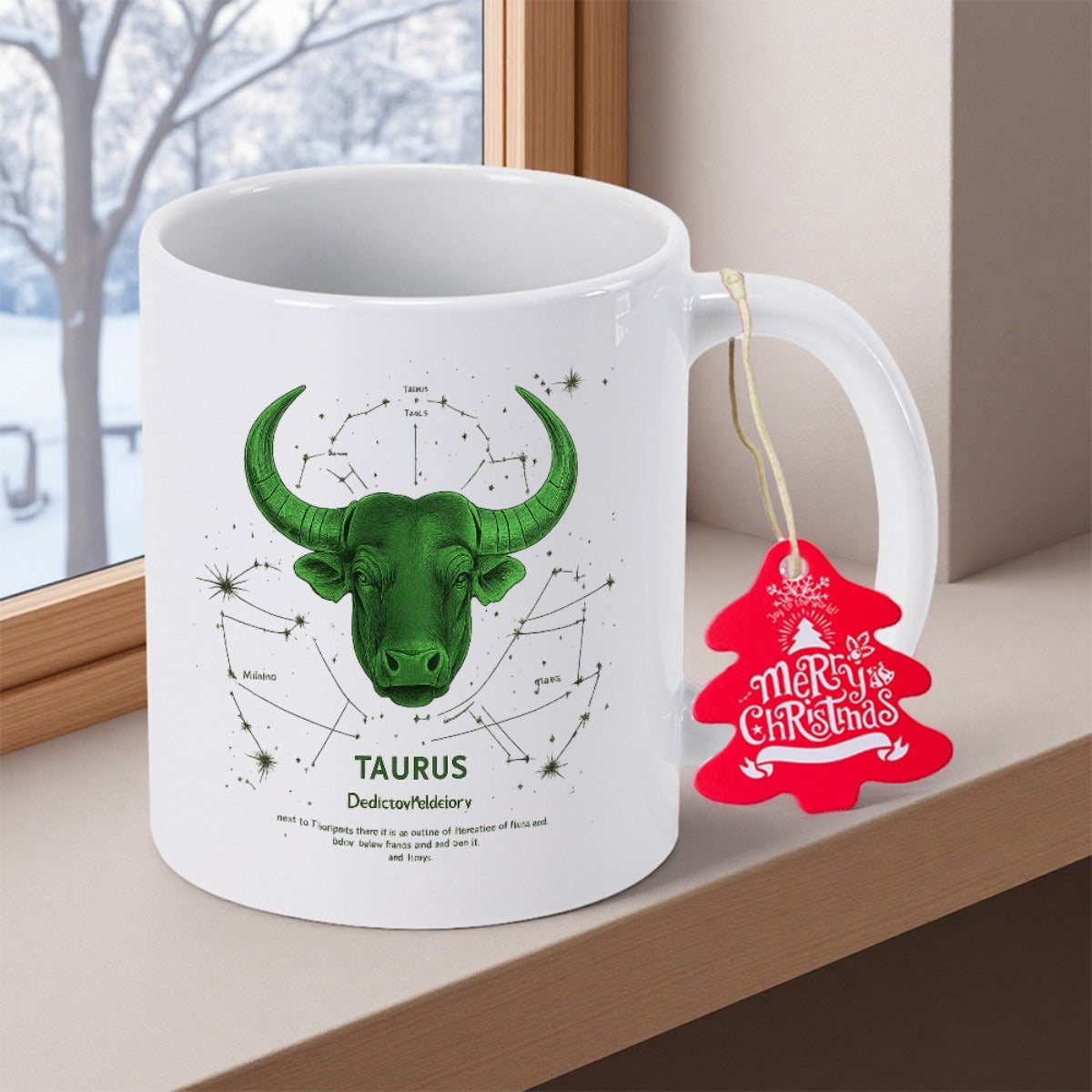 Tailorly White Ceramic 11 oz Mug - Taurus Majestic Green Zodiac Head Surrounded By Detailed Celestial Constellation Map Bull
