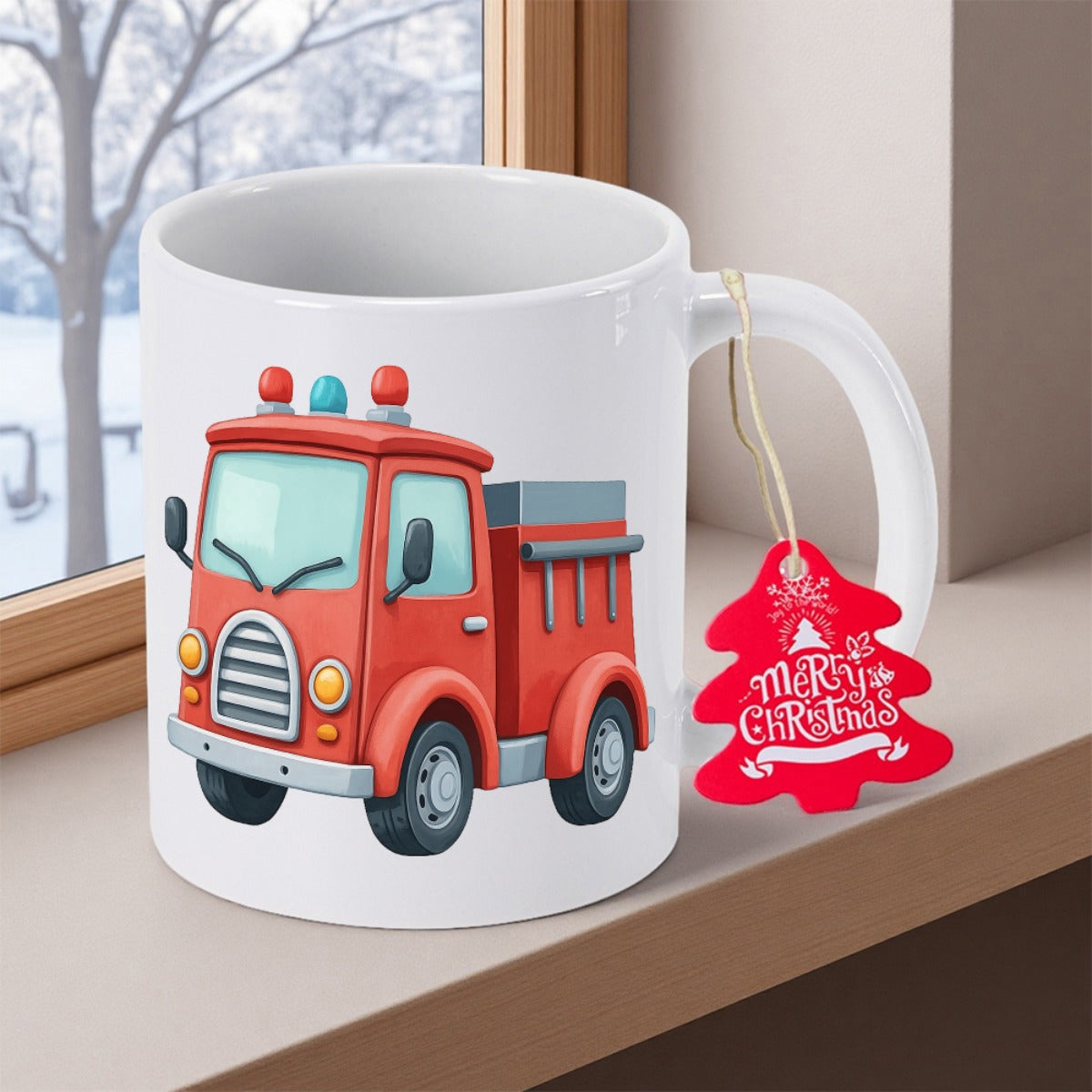 Tailorly White Ceramic 11 oz Mug - Vibrant Red Cartoon Emergency Vehicle With Playful Stylized Details Fire Truck