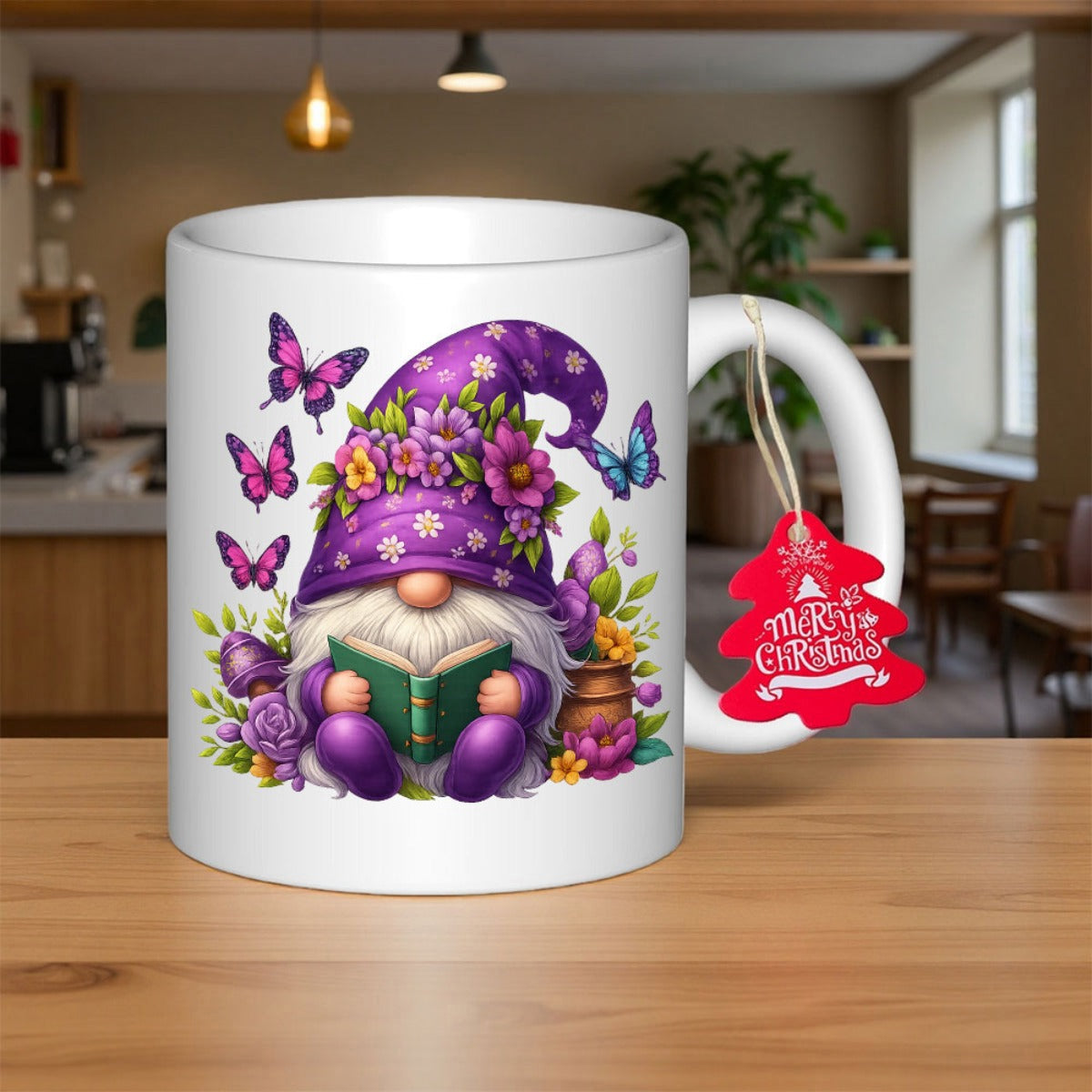 Tailorly White Ceramic 11 oz Mug - Purple Floral Hat Reading Book Among Butterflies And Garden Flowers Gnome