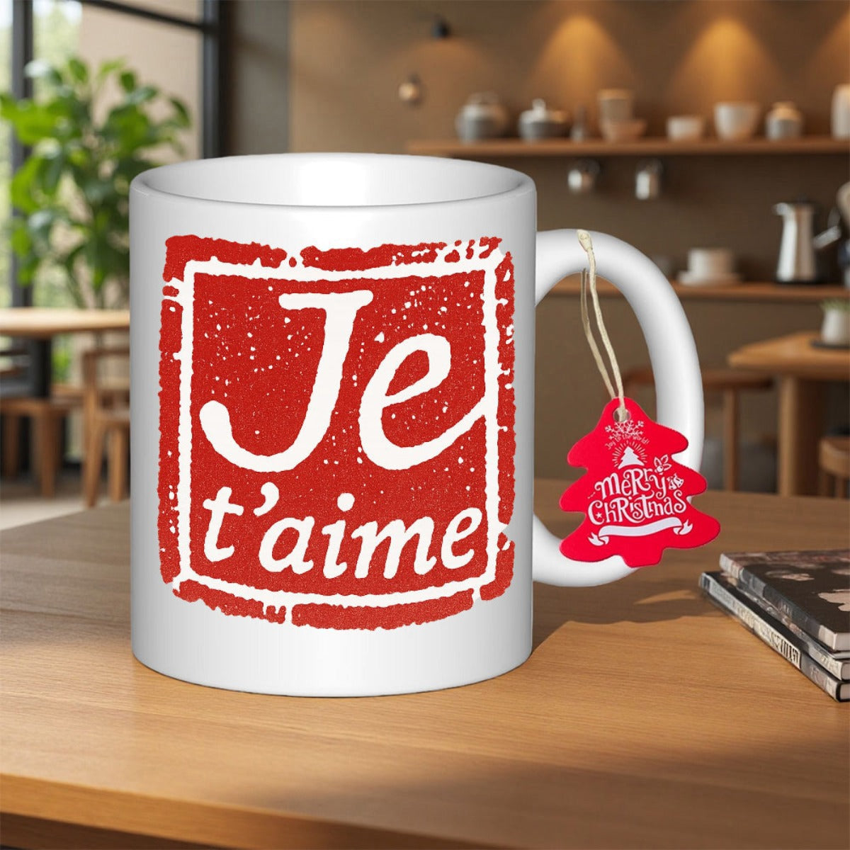 Tailorly White Ceramic 11 oz Mug - Merry Christmas Vibrant Red Distressed Frame With Elegant White Script Mug