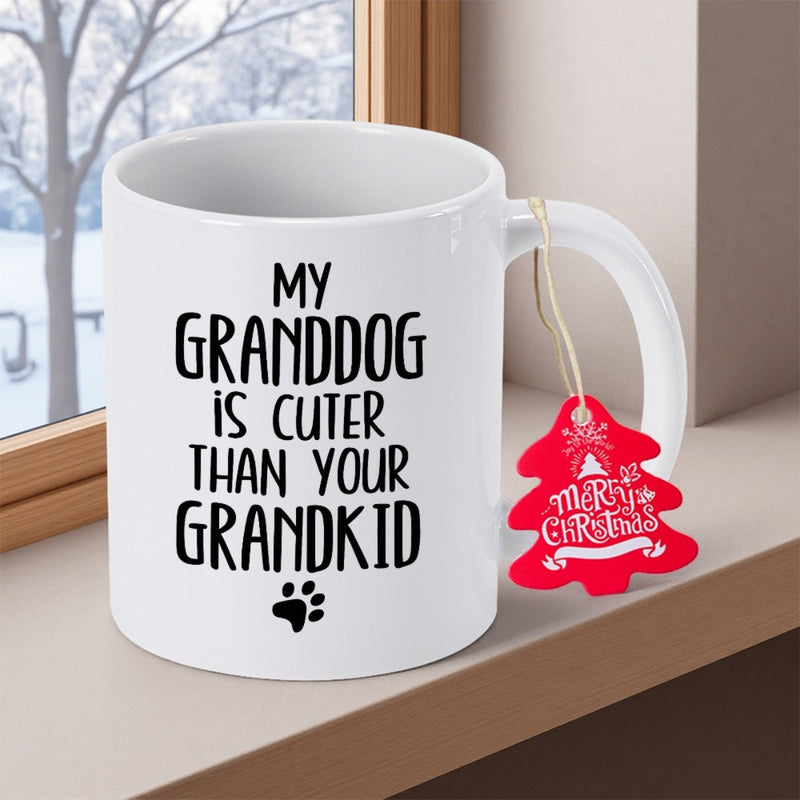 Tailorly White Ceramic 11 oz Mug - My Granddog Is Cuter Than Your Grandkid Minimalist Black Paw Print Design On A Sleek