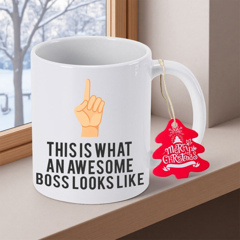 Tailorly White Ceramic 11 oz Mug - This Is What An Awesome Boss Looks Like Minimalist Cartoon Hand With Index Finger Pointing Toward The Sky Hand