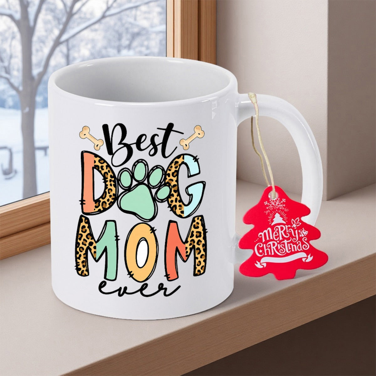 Tailorly White Ceramic 11 oz Mug - Best Dog Mom Ever Leopard Pattern Combined With Colorful Paw Prints And Tiny Bone Elements Art