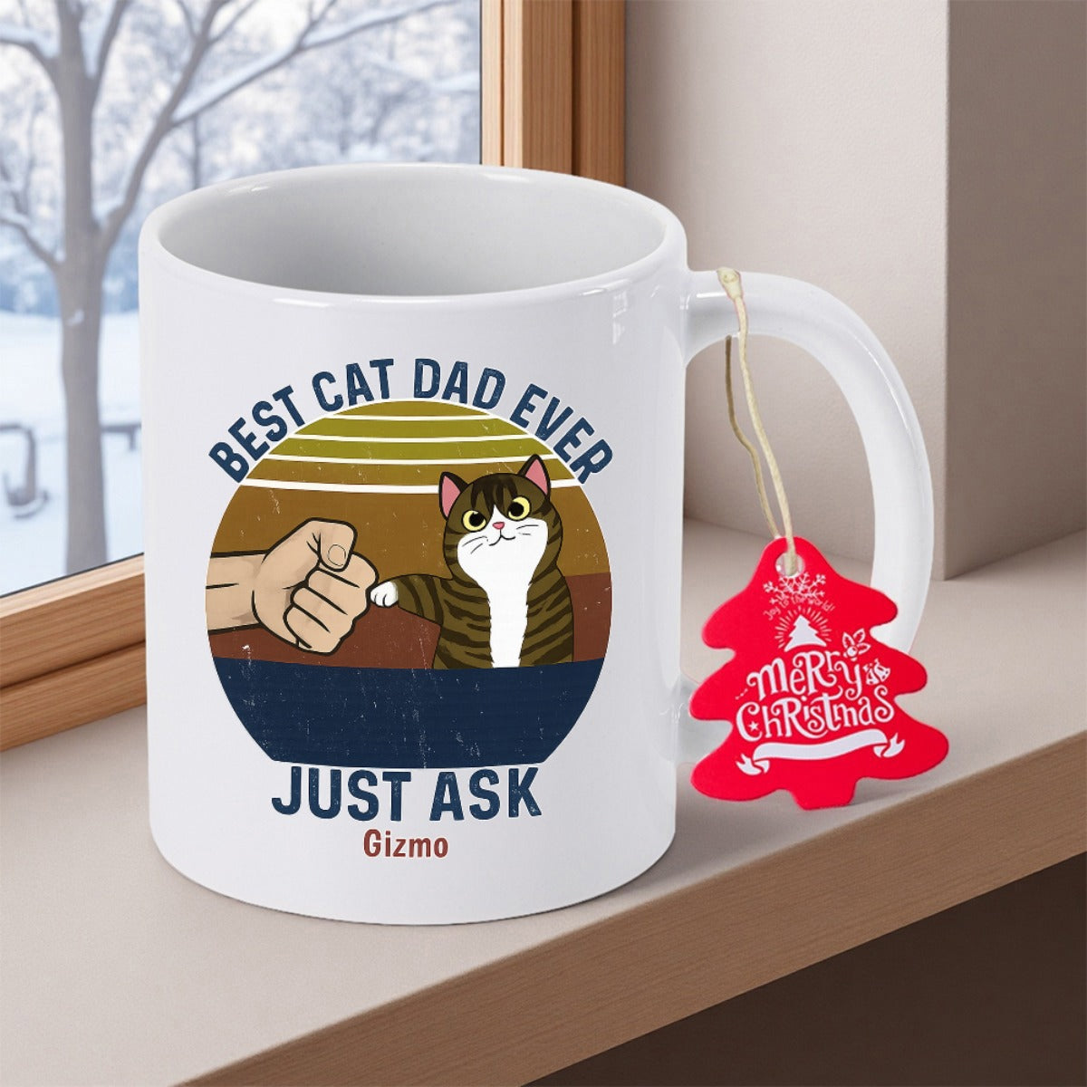 Tailorly White Ceramic 11 oz Mug - Best Cat Dad Ever Just Ask Gizmo Merry Christmas Retro Sunset Background With Human Fist Bumping Tiny Paw Cat
