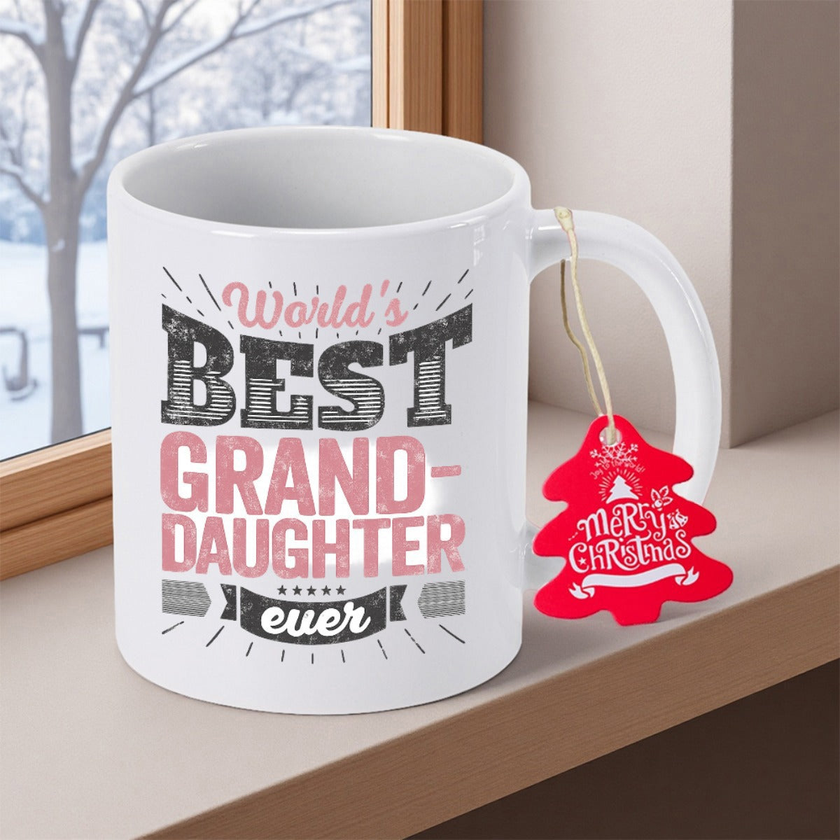 Tailorly White Ceramic 11 oz Mug - Worlds Best Granddaughter Ever Ceramic Coffee Cup Featuring Festive Holiday Typography And Winter Window Background Mug