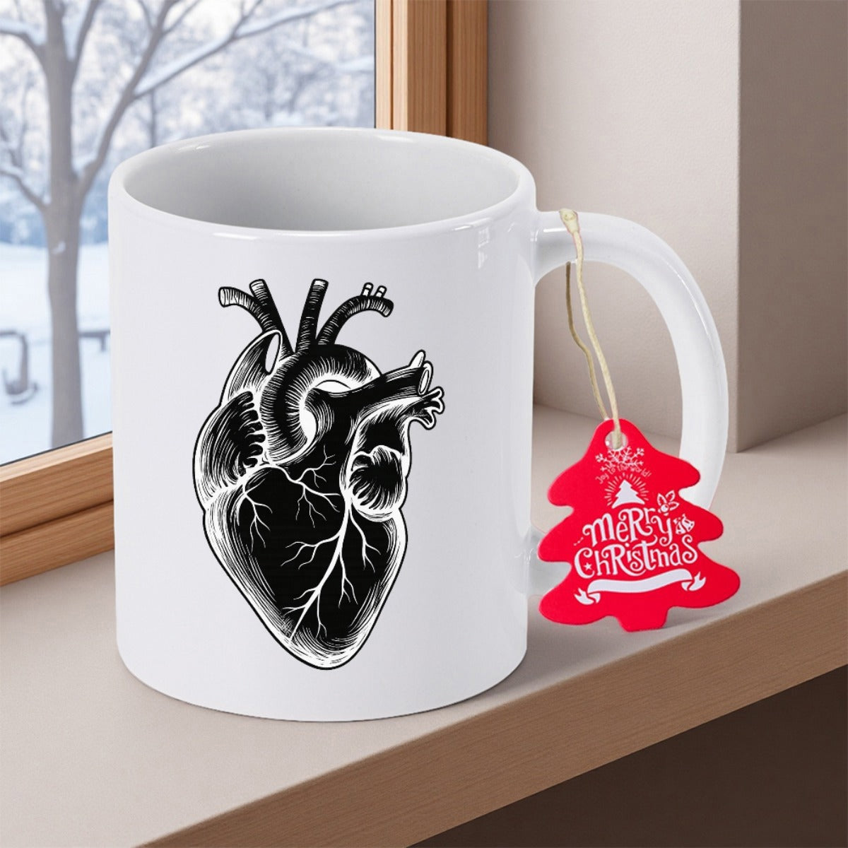 Tailorly White Ceramic 11 oz Mug - Merry Christmas Vintage Style Detailed Black And White Human Organ Sketch Heart