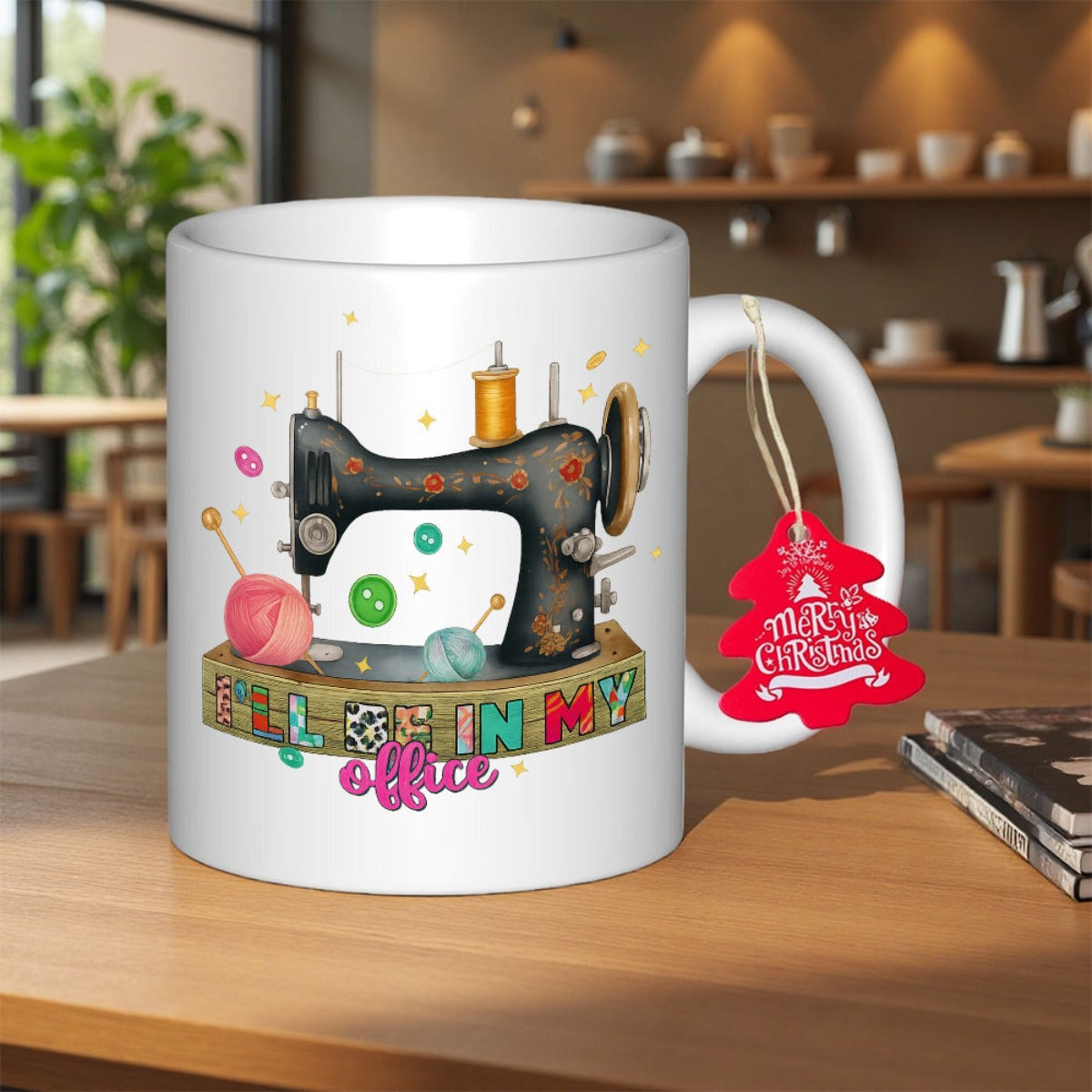 Tailorly White Ceramic 11 oz Mug - Im All In My Office Vintage Black Sewing Machine With Colorful Thread Balls And Green Buttons Sewing Machine