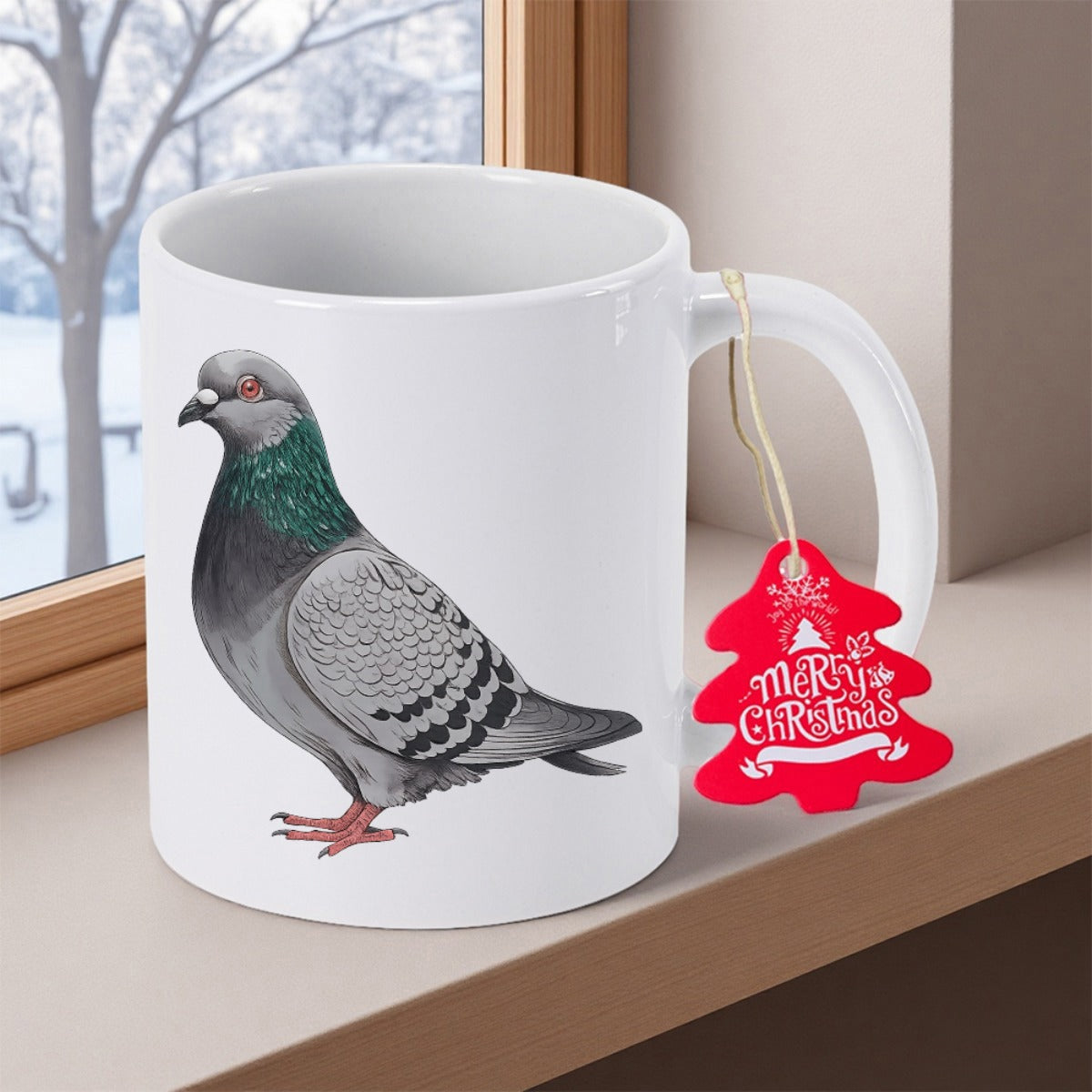 Tailorly White Ceramic 11 oz Mug - Merry Christmas Detailed Realistic Grey Feathered Bird Standing Calmly With Iridescent Neck Details Pigeon