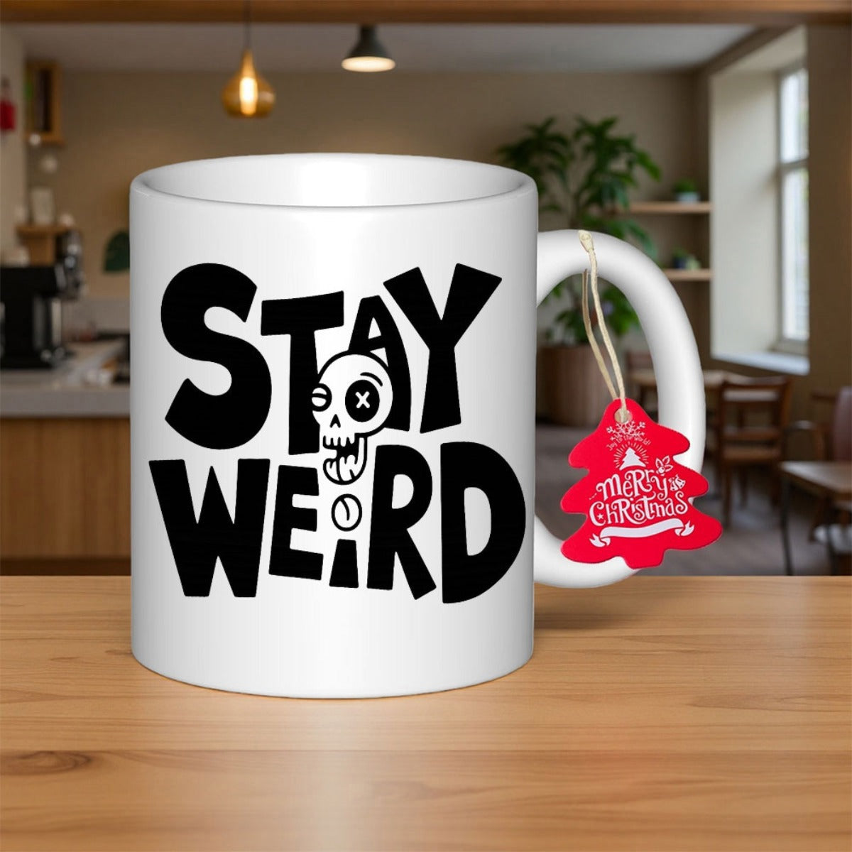 Tailorly White Ceramic 11 oz Mug - Stay Weird Bold Black Artistic Typography Featuring A Quirky Cartoonish Hand Drawn Skull