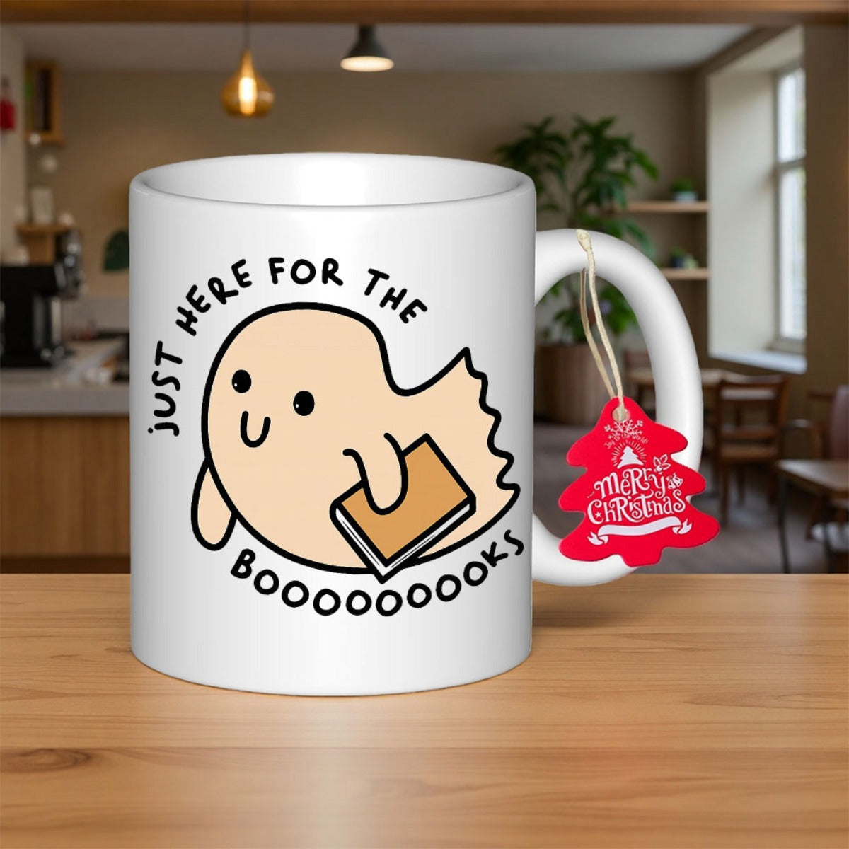 Tailorly White Ceramic 11 oz Mug - Just Here For The Boooooooooks Cute Minimalist Cartoon Ghost Holding A Book With A Friendly Expression Ghost