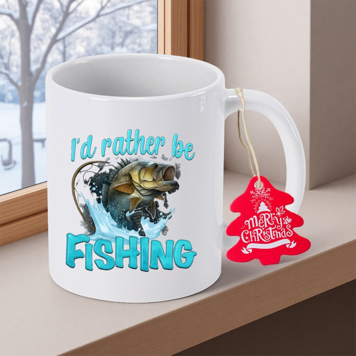 Tailorly White Ceramic 11 oz Mug - Id Rather Be Fishing Dynamic Bass Leaping From Splashing Blue Water With Hook Bass