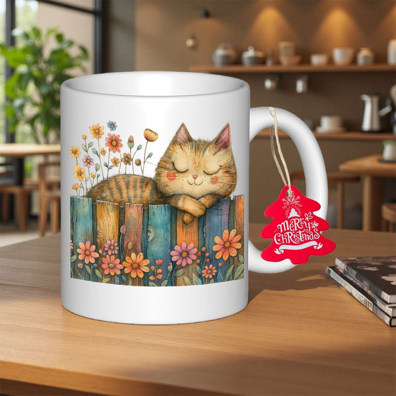 Tailorly White Ceramic 11 oz Mug - Merry Christmas Watercolor Illustration Of Sleeping Peacefully Among Colorful Spring Flowers Cat