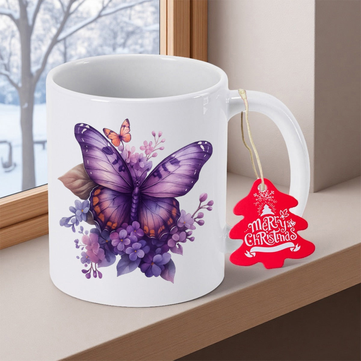 Tailorly White Ceramic 11 oz Mug - Merry Christmas Elegant Lavender Wings Resting On Delicate Summer Flowers And Petals Butterfly