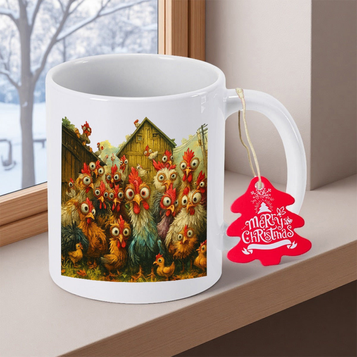 Tailorly White Ceramic 11 oz Mug - Merry Christmas Colorful Cartoonish Farm Birds Gathering Outside A Rustic Wooden Barn Chicken