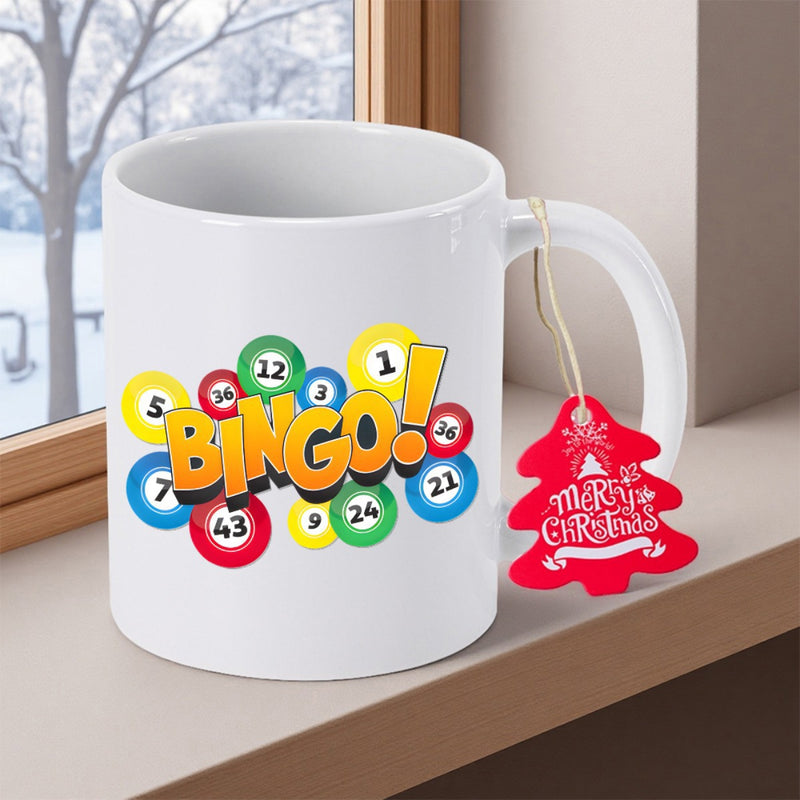 Tailorly White Ceramic 11 oz Mug - Bingo Vibrant Colorful Numbered Lottery Balls With Playful Stylized Game Letters Bingo
