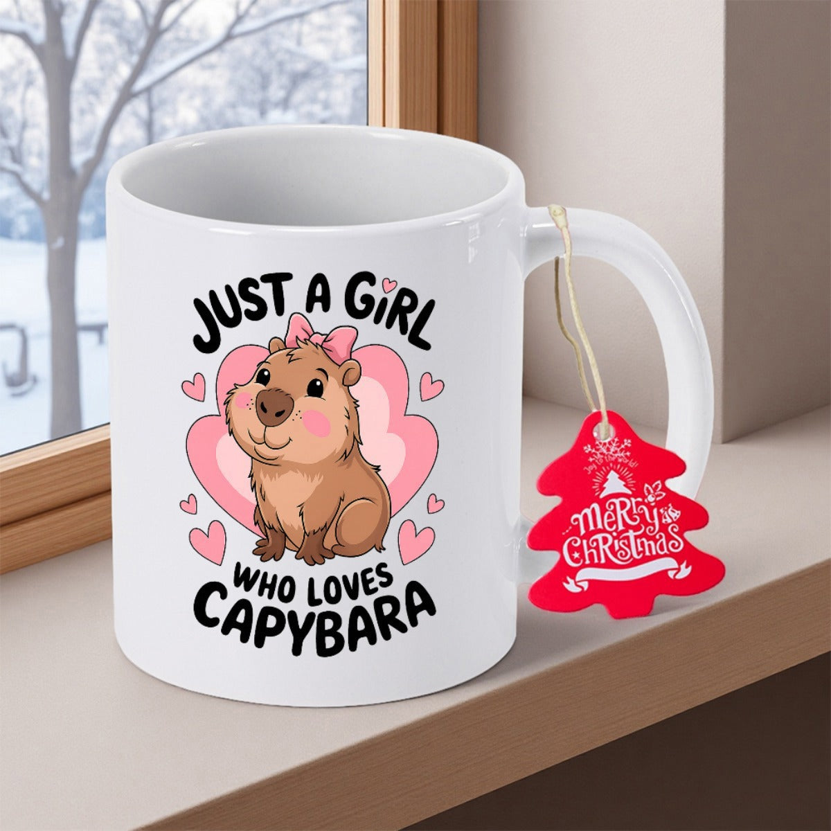 Tailorly White Ceramic 11 oz Mug - Just A Girl Who Loves Capybara Adorable Brown Cartoon Animal Wearing Pink Bow Among Floating Hearts Capybara