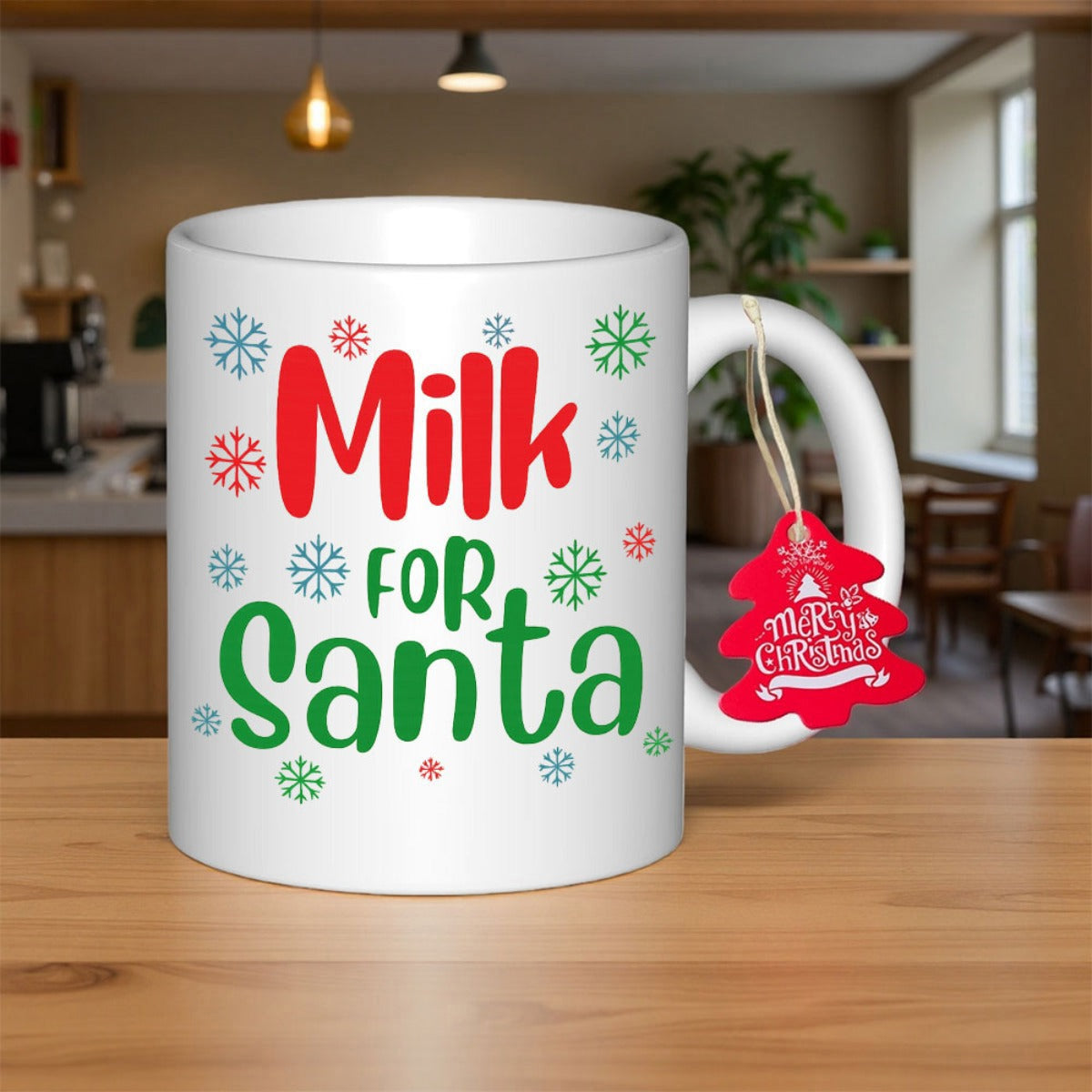 Tailorly White Ceramic 11 oz Mug - Milk For Santa Festive Colorful Snowflakes Scattered Across Smooth White Porcelain Surface Mug