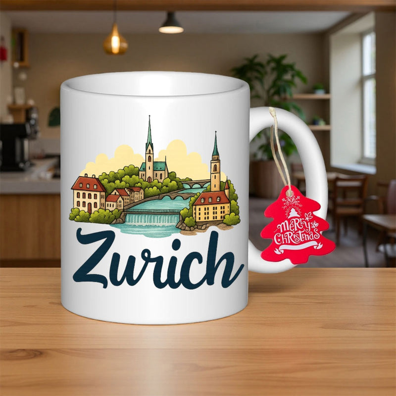 Tailorly White Ceramic 11 oz Mug - Zurich Picturesque European Architecture With Peaceful River Flowing Under A Bridge Cityscape