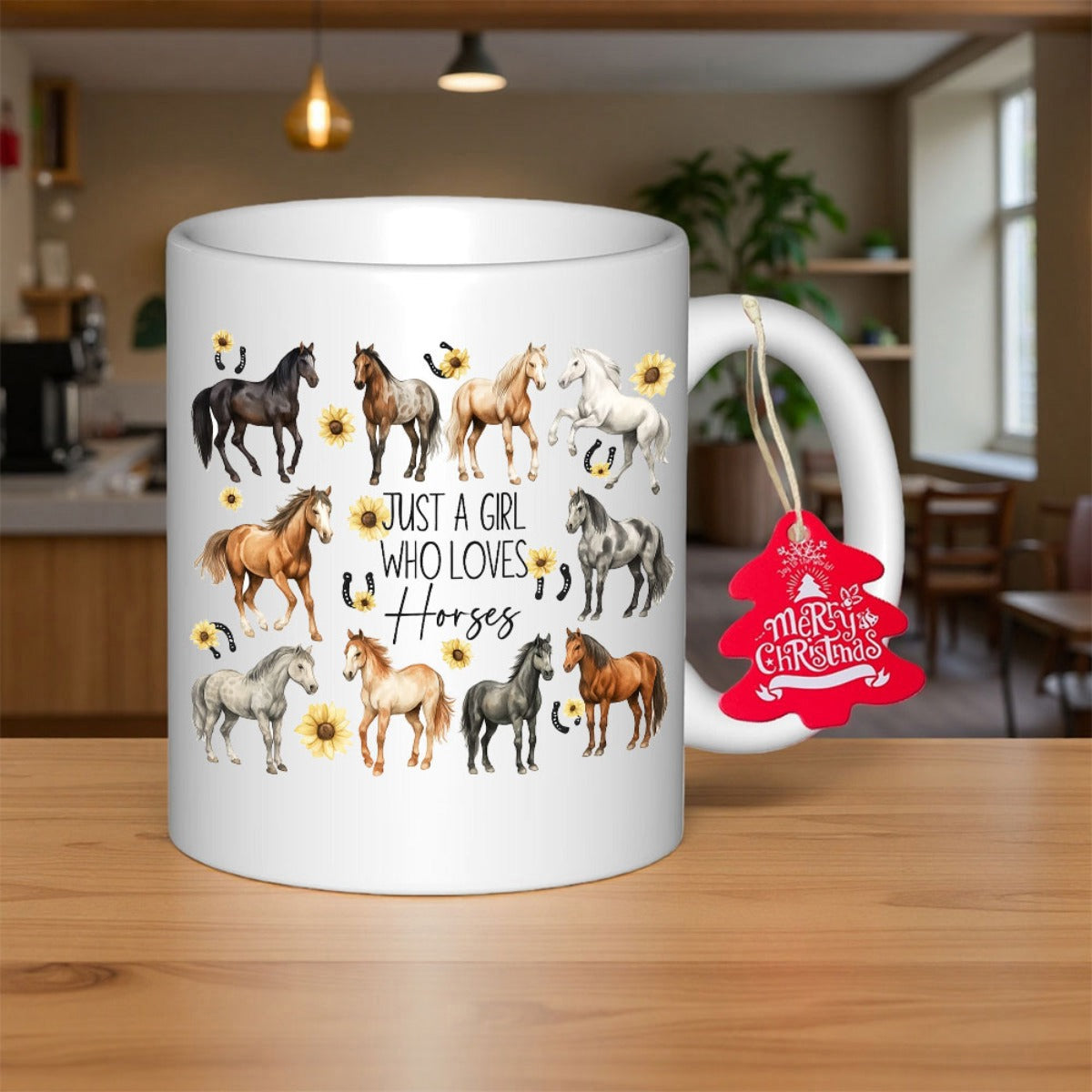 Tailorly White Ceramic 11 oz Mug - Just A Girl Who Loves Horses Various Majestic Breeds Standing Among Tiny Blooming Sunflowers Horse