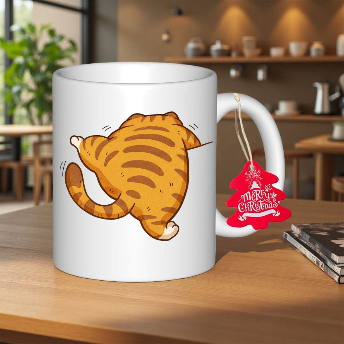 Tailorly White Ceramic 11 oz Mug - Merry Christmas Playful Orange Tabby Showing Its Cute Backside Tail And Paws Cat