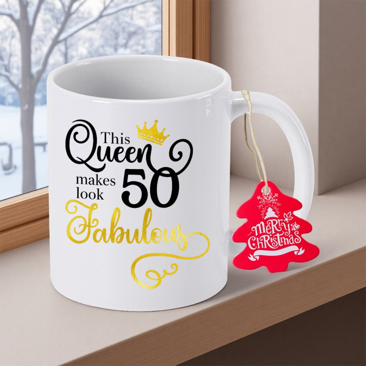 Tailorly White Ceramic 11 oz Mug - This Queen Makes 50 Look Fabulous Elegant Golden Crown Resting Above Stylized Script Text With Artistic Swirls Crown